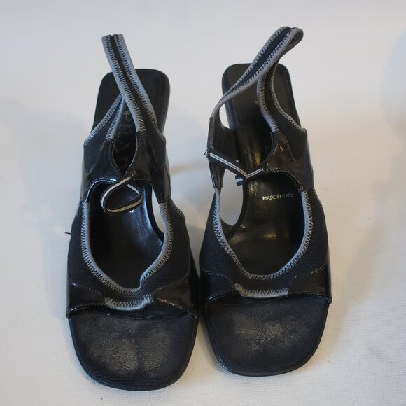 Authentic Prada Black Gray Trim Mixed Media Leather Trim Slingback Heels 7.5 - Picture 4 of 14
